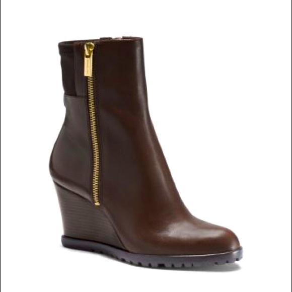 Michael Kors Aileen Brown Leather Wedge Bootie - Picture 1 of 7